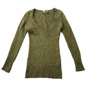 AQUA Olive Green Marled Tweed Knit V-Neck Sweater, Women’s Size S